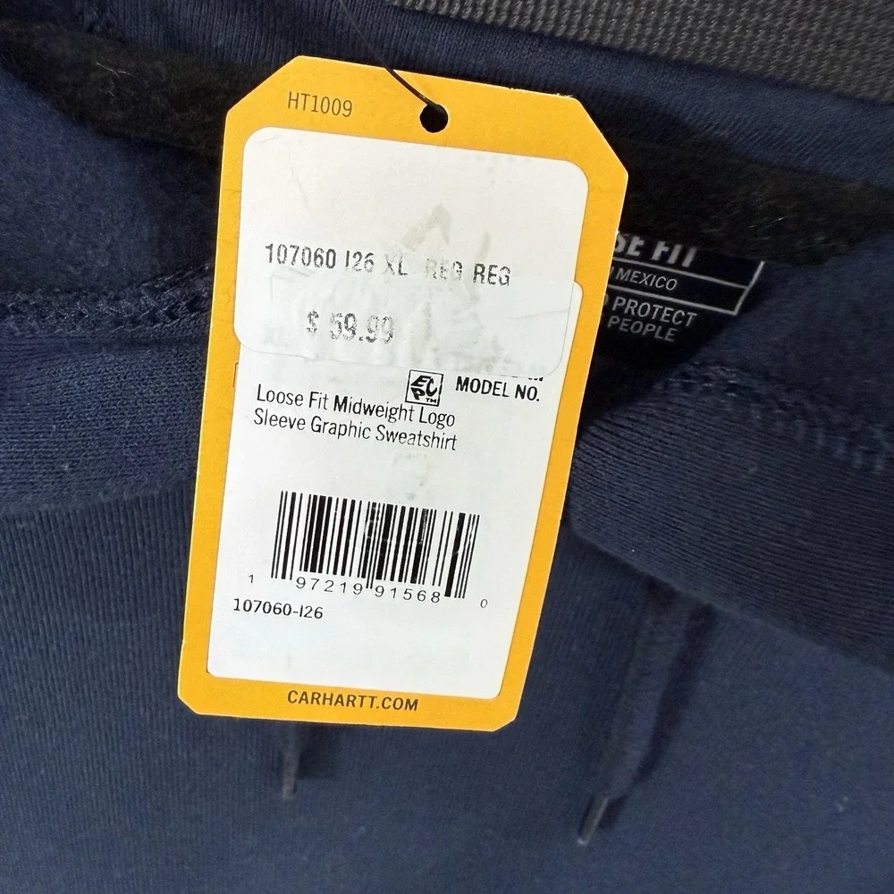 NWT Carhartt Mens XL Loose Fit Midweight Logo Sleeve Hoodie Navy - Picture 3 of 6